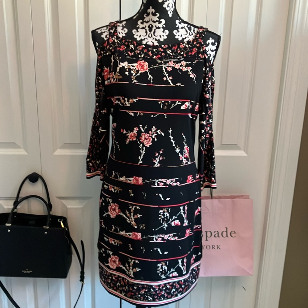 WHBM cold shoulder raglan sleeve black dress with pink floral striped design